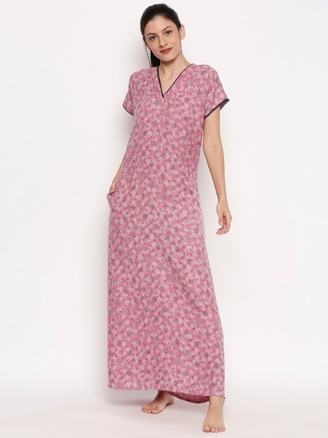 

XIN Women Pink & Grey Printed Full-Length Nightdress