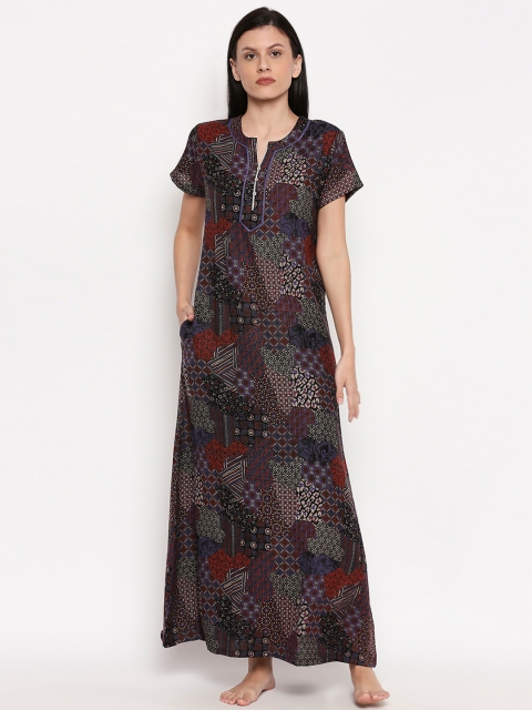 

XIN Women Red & Black Printed Maxi Length Nightdress