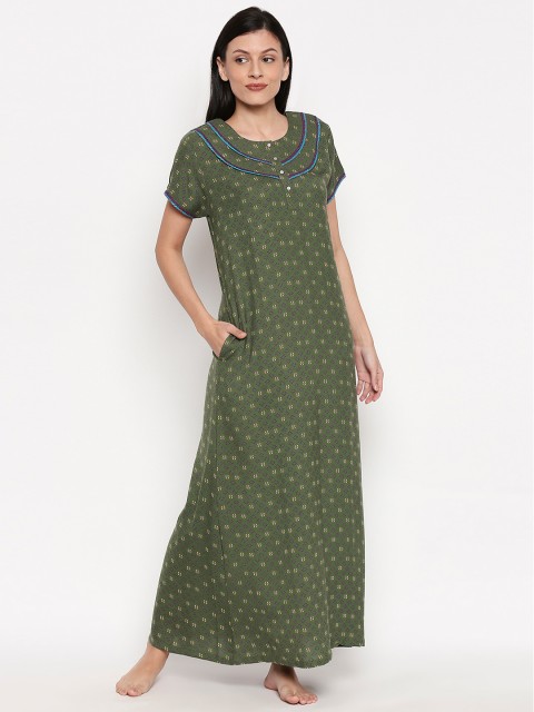 

XIN Women Olive Green & Blue Printed Nightdress