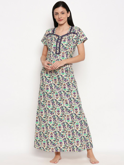 

XIN Women Beige & Purple Printed Maxi Nightdress