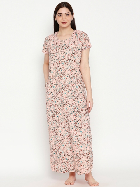 

XIN Women Peach-Coloured & Red Printed Maxi-Length Nightdress