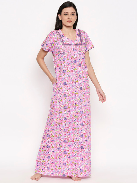 

XIN Women Pink & White Floral Printed Maxi Length Nightdress