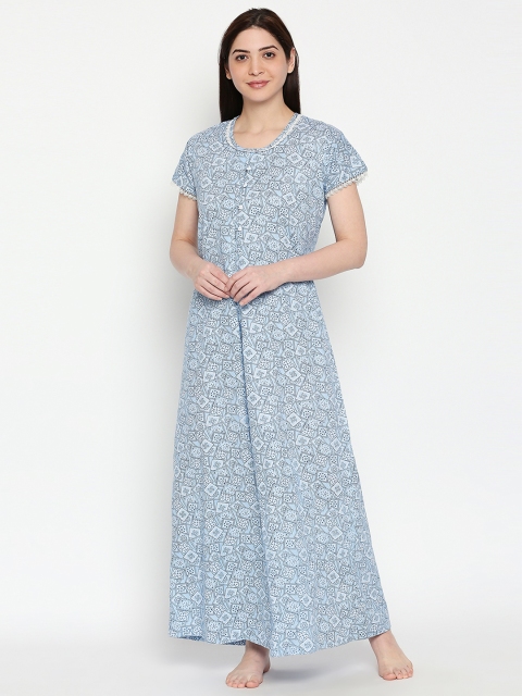 

XIN Women Blue & White Printed Maxi-Length Nightdress