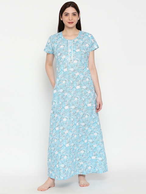 

XIN Women Blue & White Printed Maxi Nightdress