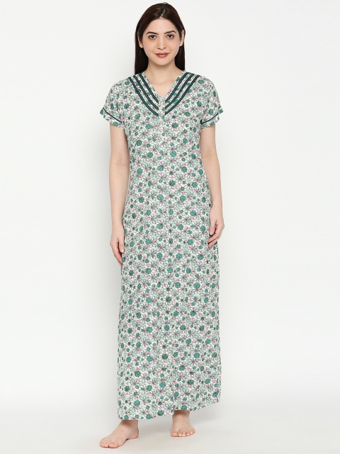 

XIN Women White & Green Floral Printed Full-Length Nightdress