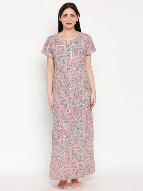 

XIN Women Pink & Green Floral Printed Nightdress