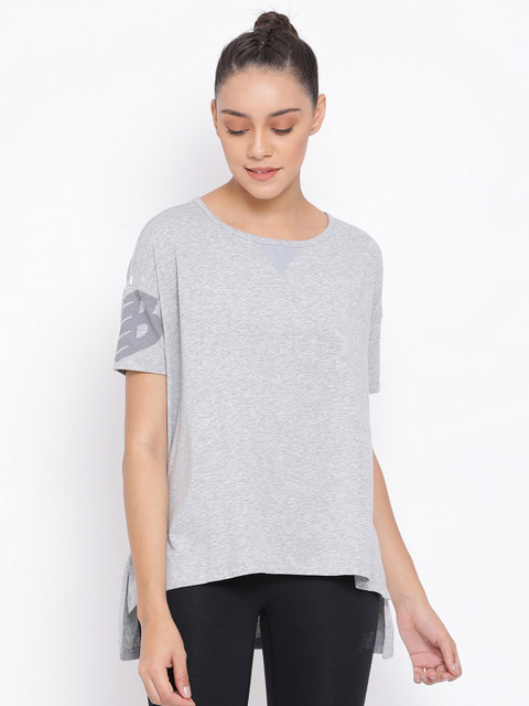 

New Balance Women Grey Solid Round Neck T-shirt