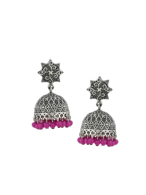 

Estele Silver-Toned & Pink Rhodium-Plated Oxidised Dome Shaped Jhumkas