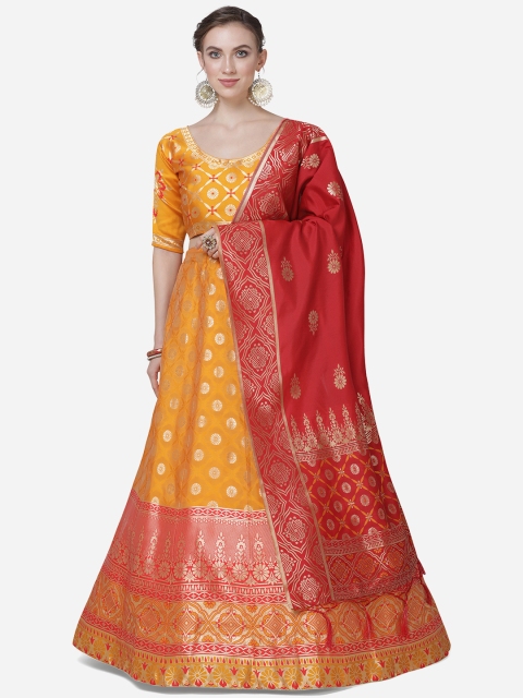 

Mitera Women Yellow & Red Woven-Design Semi-Stitched Lehenga & Unstitched Blouse with Dupatta