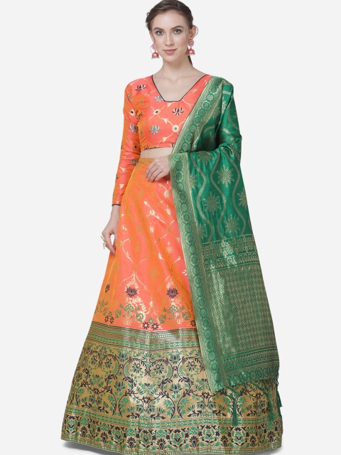 

Mitera Women Orange & Green Woven Design Semi-Stitched Lehenga & Unstitched Blouse with Dupatta