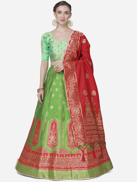 

Mitera Green & Red Woven Design Semi-Stitched Lehenga & Unstitched Blouse with Dupatta