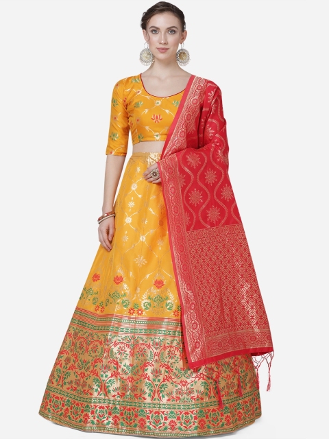 

Mitera Yellow & Red Woven Design Semi-Stitched Lehenga & Unstitched Blouse with Dupatta