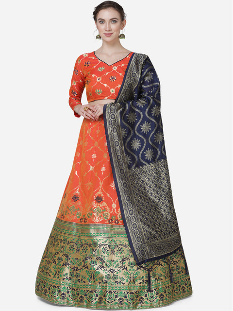 

Mitera Orange & Blue Woven-Design Banarasi Lehenga With Unstitched Choli & Dupatta