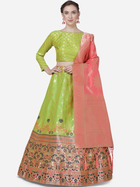 

Mitera Green & Pink Woven Design Ready to Wear Lehenga & Unstitched Blouse with Dupatta