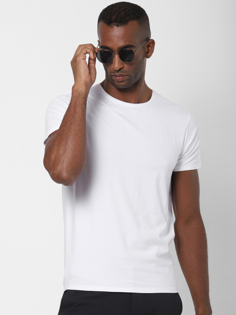 

SELECTED Men White Solid Round Neck T-shirt