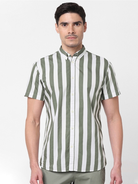 

SELECTED Men White & Olive Green Regular Fit Striped Casual Shirt