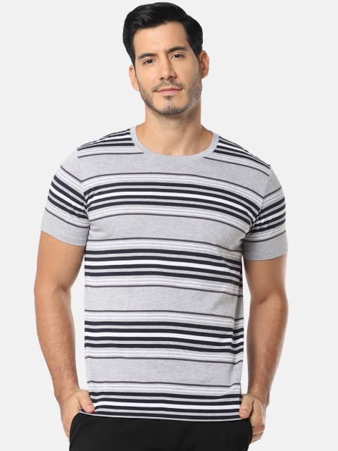 

SELECTED Men Grey Navy Blue Striped Round Neck Pure Cotton T-shirt