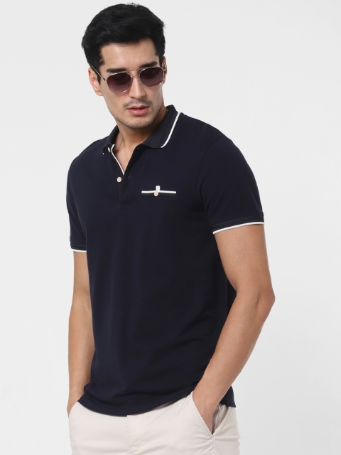 

SELECTED Men Navy Blue Solid Organic Cotton Polo Collar T-shirt