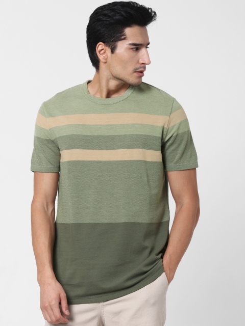 

SELECTED Men Olive Green & Beige Striped Round Neck T-shirt