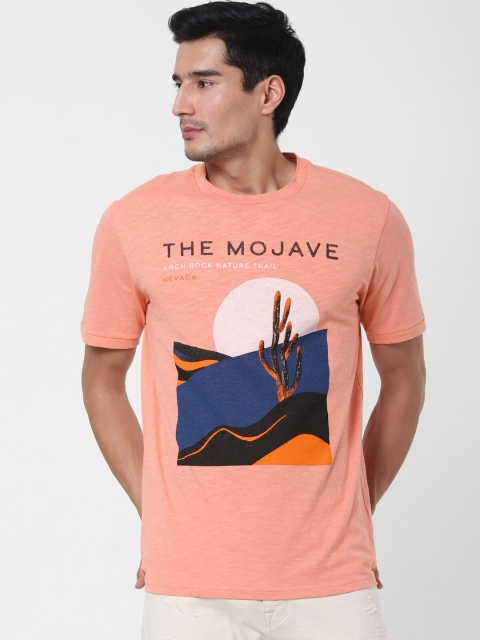 

SELECTED Men Peach-Coloured Printed Round Neck Organic Cotton T-shirt
