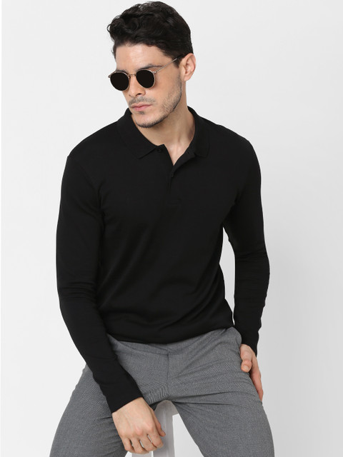 

SELECTED Men Black Solid Organic Cotton Polo Collar T-shirt
