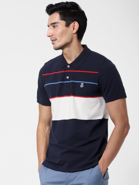 

SELECTED Men Navy Blue & White Colourblocked Polo Collar T-shirt
