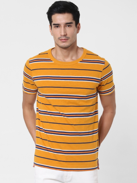 

SELECTED Men Mustard Yellow Navy Blue Striped Round Neck Organic Cotton T-shirt