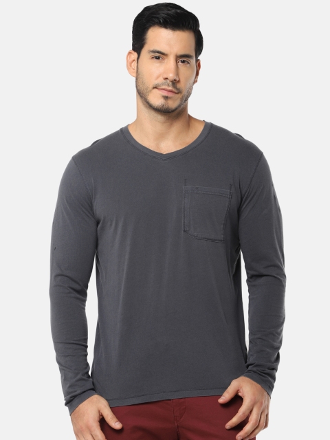 

SELECTED Men Grey Solid V-Neck Organic Cotton T-shirt with Pockets