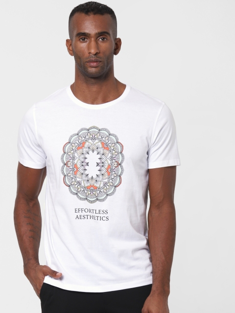 

SELECTED Men White Printed Round Neck Organic Cotton T-shirt