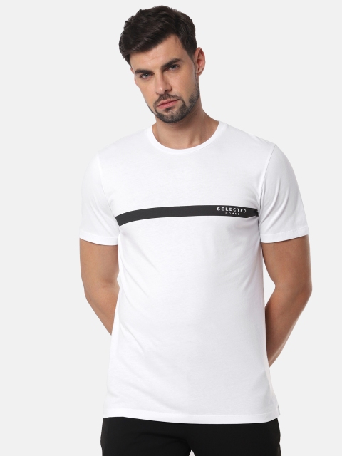 

SELECTED Men White Striped Round Neck Organic Cotton T-shirt with Printed Details
