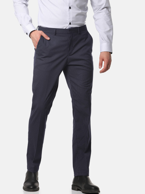 

SELECTED Men Navy Blue & White Slim Fit Striped Formal Trousers