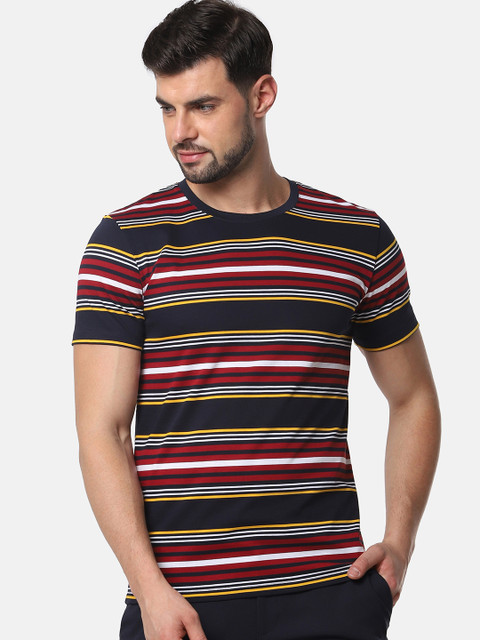 

SELECTED Men Blue Red Striped Round Neck Pure Cotton T-shirt
