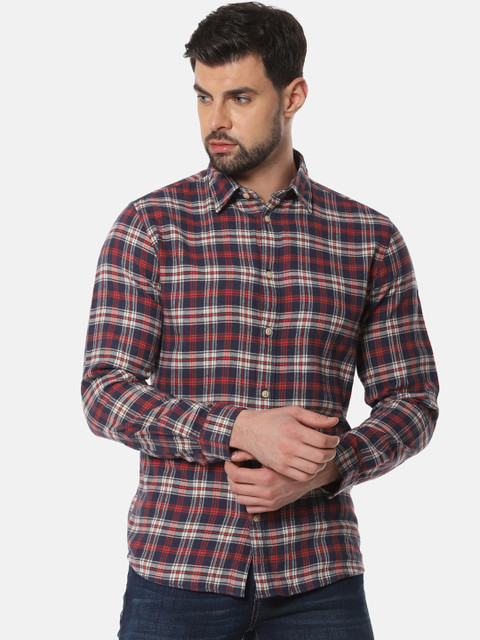 

SELECTED Men Navy Blue & White Slim Fit Checked Organic Cotton Casual Shirt