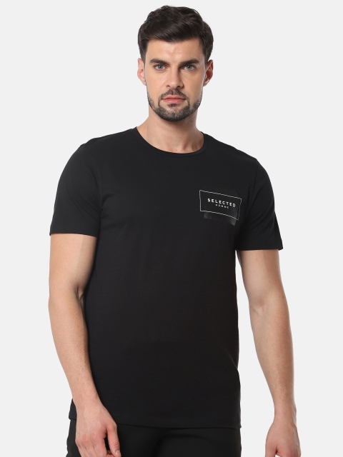 

SELECTED Men Black Printed Organic Cotton Round Neck T-shirt