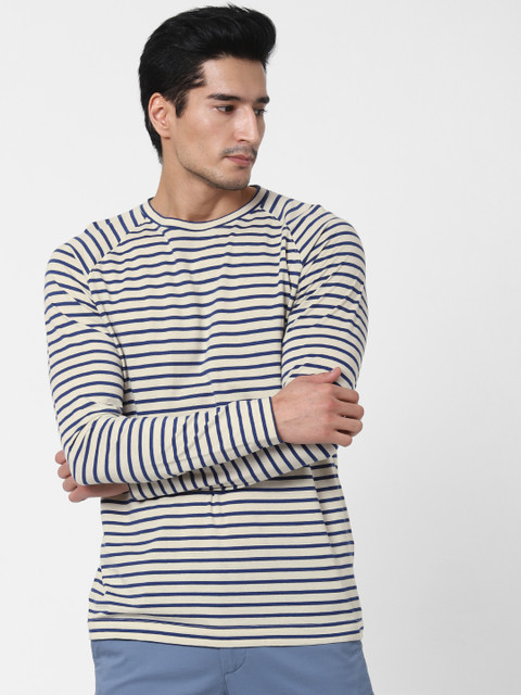 

SELECTED Men Blue Striped Round Neck Organic Cotton T-shirt