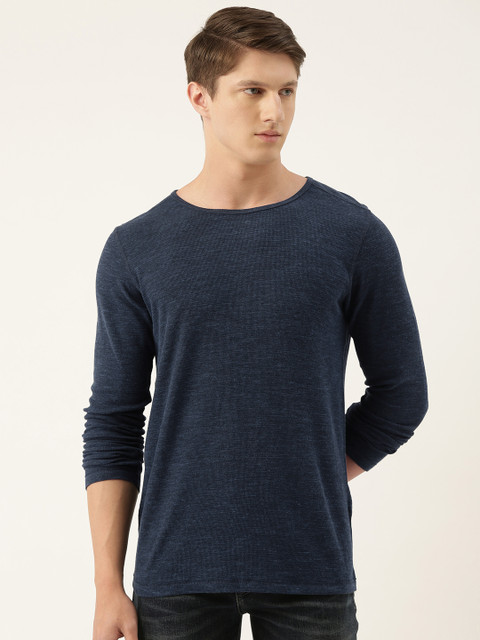 

SELECTED Men Blue Self Design Round Neck T-shirt
