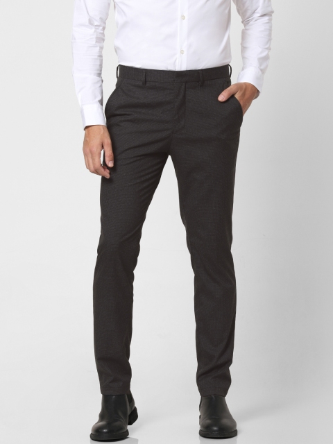 

SELECTED Men Black & Grey Slim Fit Checked Formal Trousers