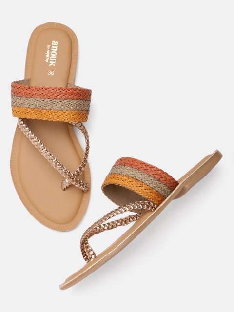 

Anouk Women Beige & Gold-Toned Woven Design One Toe Flats