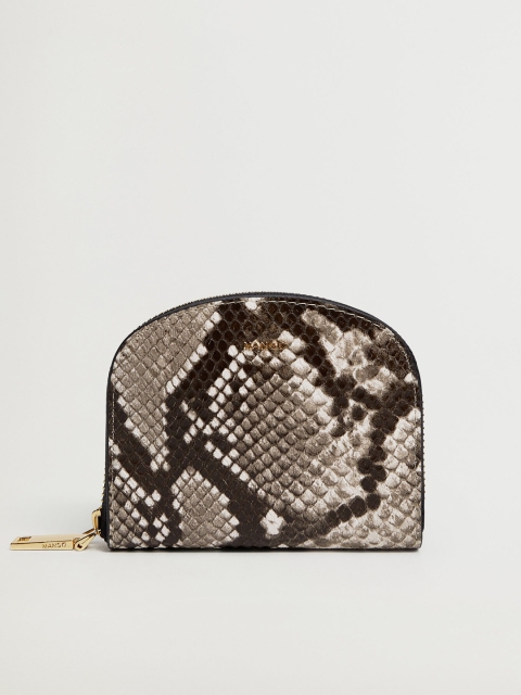 

MANGO Women Coffee Brown & Beige Snakeskin Textured Zip Around Wallet