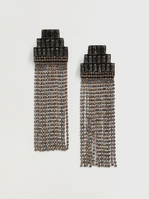

MANGO Gunmetal-Toned Rhinestone Studded Taselled Geometric Drop Earrings, Metallic