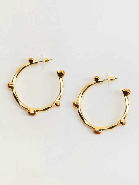 

MANGO Gold-Toned & Orange Stone Studded Crescent Shaped Half Hoop Earrings