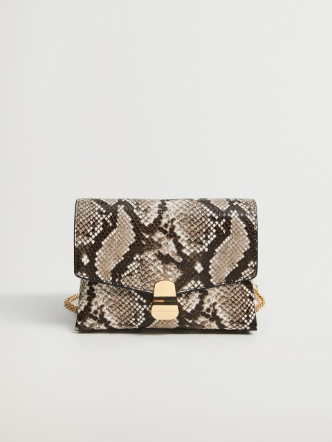 

MANGO Coffee Brown & Beige Snakeskin Textured Sling Bag