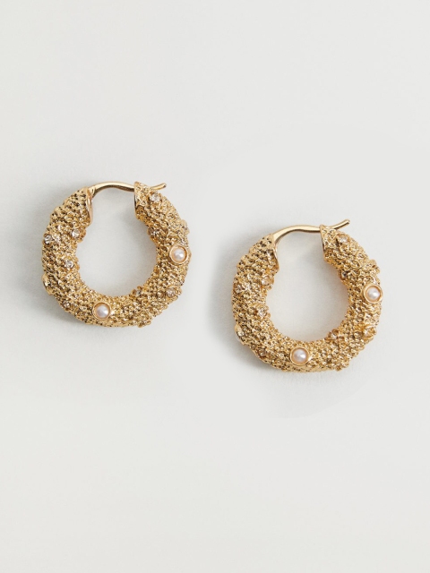 

MANGO Gold-Toned & White Stone-Studded & Beaded Circular Hoop Earrings
