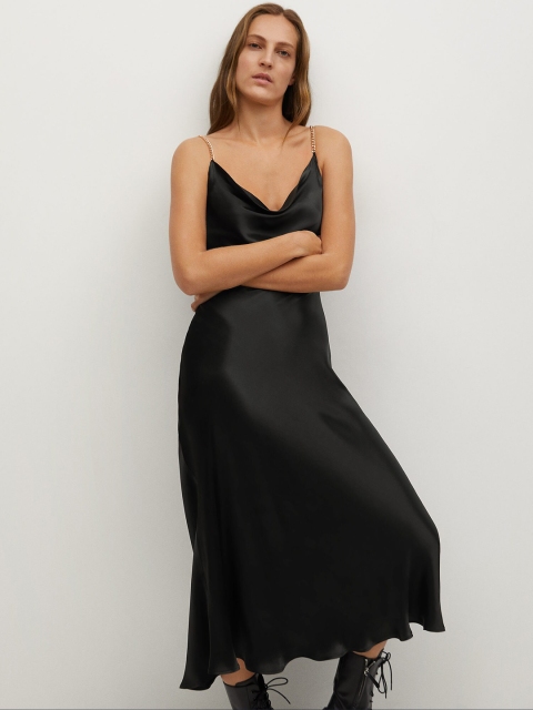 

MANGO Women Black Solid Satin Finish Midi A-Line Dress
