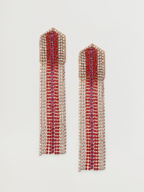 

MANGO Red & Magenta Rhinestone Studded Taselled Geometric Drop Earrings