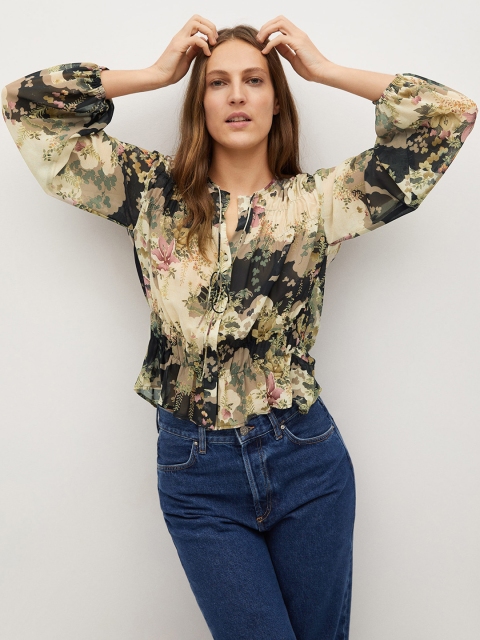 

MANGO Women Off-White & Black Semi-Sheer Sustainable Floral Print Tie-Up Neck Top