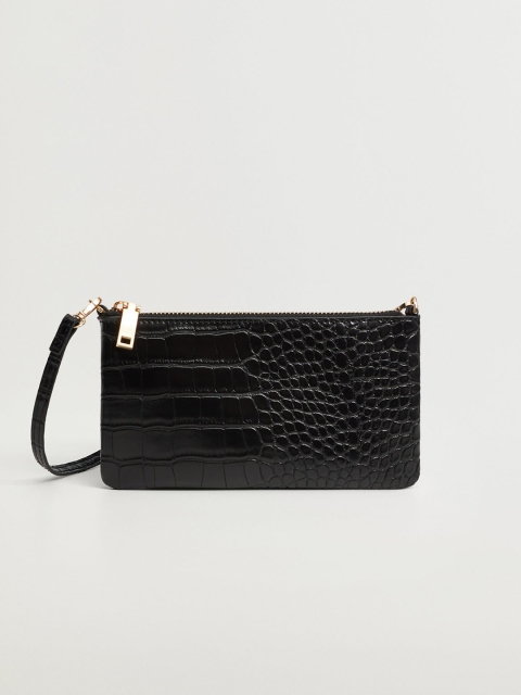 

MANGO Black Solid Croc Textured Sling Bag