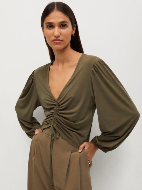 

MANGO Women Olive Green Solid Sustainable Ruched Top