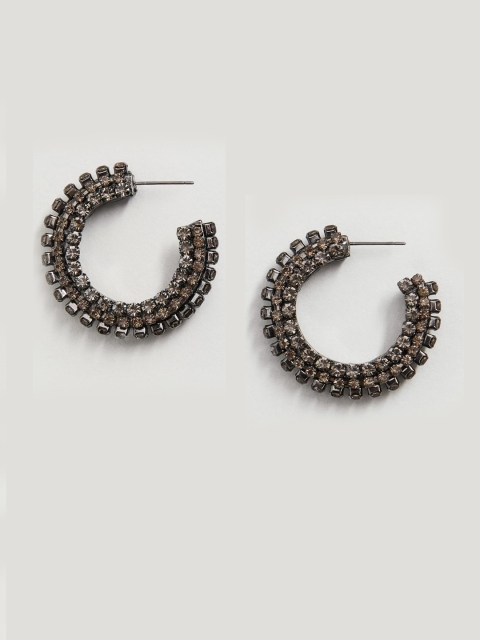 

MANGO Gunmetal-Toned Rhinestone Studded Half Hoop Earrings, Metallic