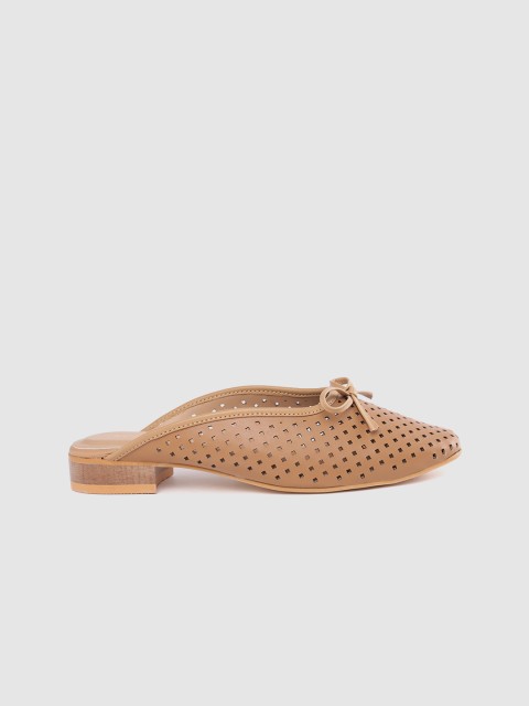 

DressBerry Women Brown Laser Cut Patterned Mules with Bow Detail